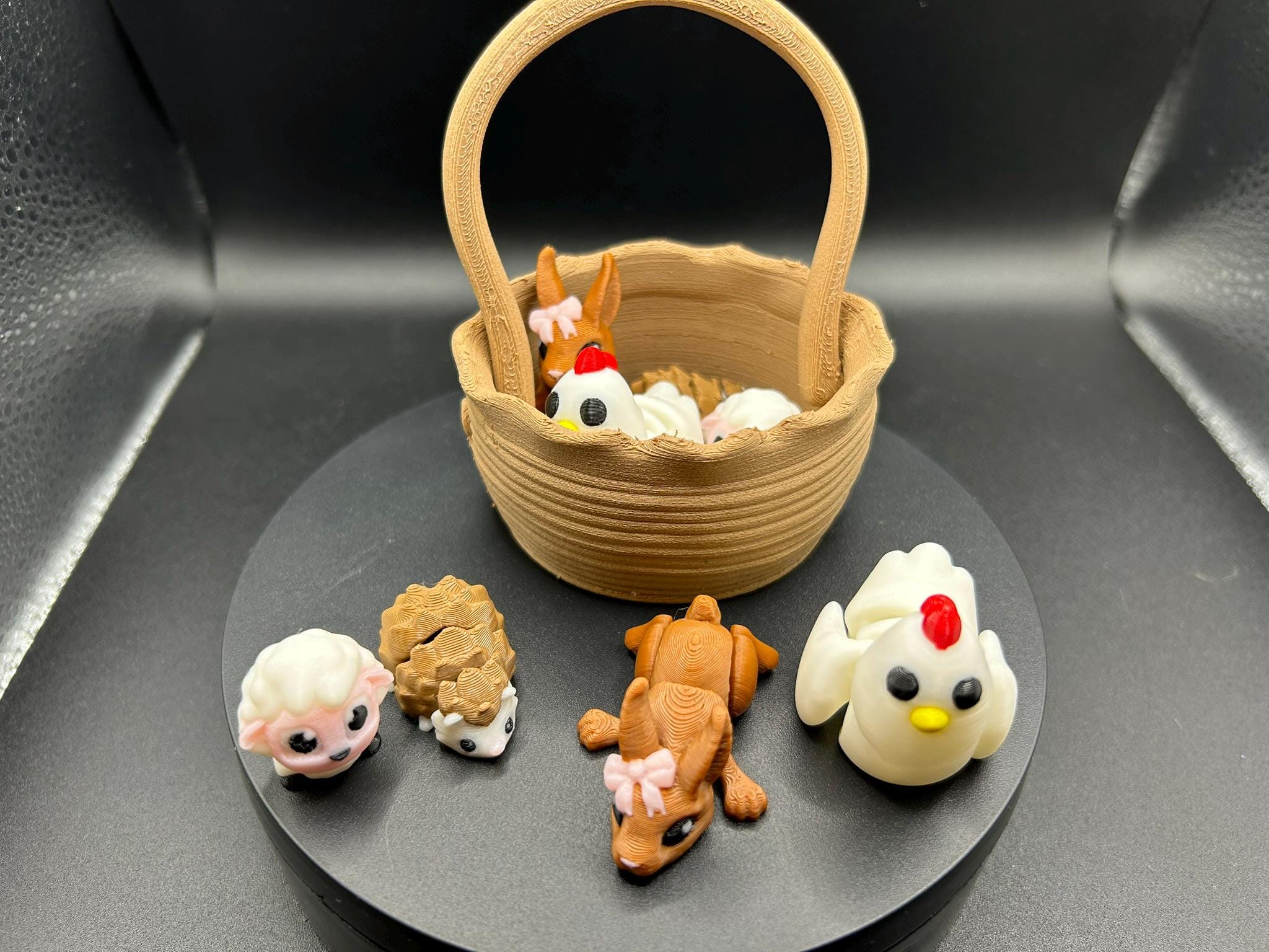 Easter 3D Printed Wooden Basket with Adorable Animal Figurines - Sheep, Hedgehog, Rabbit, and Chicken